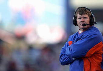BOISE, ID - NOVEMBER 20:  Boise State head coach Dan Hawkins looks on from the sideline during their game against Louisiana Tech at Bronco Stadium on November 20, 2004 in Boise, Idaho. Boise State defeated Louisiana Tech 55-14. (Photo by Jeff Gross/Getty Images)
