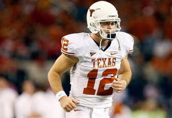 ARLINGTON, TX - DECEMBER 05:  Quarterback Colt McCoy #12 of the Texas Longhorns at Cowboys Stadium on December 5, 2009 in Arlington, Texas.  (Photo by Ronald Martinez/Getty Images)