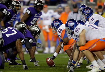 GLENDALE, AZ - JANUARY 04:  Thomas Byrd #66 of the Boise State Broncos waits to snap the ball in the third quarter against the TCU Horned Frogs during the Tostitos Fiesta Bowl at the Universtity of Phoenix Stadium on January 4, 2010 in Glendale, Arizona.  (Photo by Jamie Squire/Getty Images)
