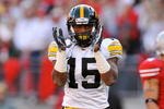 COLUMBUS, OH - NOVEMBER 14:  Split end Derrell Johnson-Koulianos #15 of the Iowa Hawkeyes celebrates after making a catch against the Ohio State Buckeyes at Ohio Stadium on November 14, 2009 in Columbus, Ohio.  (Photo by Jamie Sabau/Getty Images)