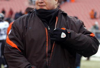 CLEVELAND - JANUARY 03:  Eric Mangini head coach of the Cleveland Browns leaves the field after defeating the Jacksonville Jaguars at Cleveland Browns Stadium on January 3, 2010 in Cleveland, Ohio.  (Photo by Matt Sullivan/Getty Images)