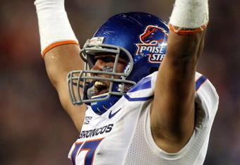 GLENDALE, AZ - JANUARY 04:  Winston Venable #17 of the Boise State Broncos reacts after making a stop on fourth down against the TCU Horned Frogs in the fourth quarter during the Tostitos Fiesta Bowl at the Universtity of Phoenix Stadium on January 4, 2010 in Glendale, Arizona.  (Photo by Jed Jacobsohn/Getty Images)