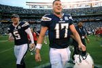 SAN DIEGO, CA - DECEMBER 20:   Quarterback Philip Rivers #17 and punter Mike Scifres #5 of the San Diego Chargers walk off the field after the Chargers 27-24 win against the Cincinnati Bengals during the NFL game on December 20, 2009 at Qualcomm Stadium in San Diego, California.  (Photo by Donald Miralle/Getty Images)