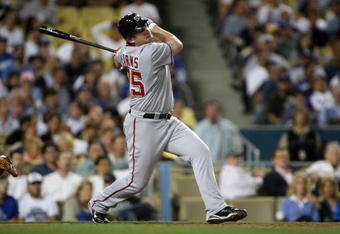 LOS ANGELES - MAY 7: Austin Kearns #25 of the Washington Nationals hits a two-RBI double in the eighth inning against the Los Angeles Dodgers on May 7, 2009 at Dodger Stadiium in Los Angeles, California.    (Photo by Stephen Dunn/Getty Images)