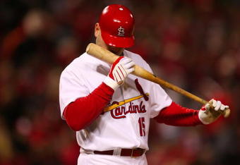 ST. LOUIS, MO - OCTOBER 10:  Matt Holliday #15 of the St. Louis Cardinals kisses his bat at home plate in the sixth inning against the Los Angeles Dodgers in Game Three of the NLDS during the 2009 MLB Playoffs at Busch Stadium on October 10, 2009 in St. Louis, Missouri. (Photo by Dilip Vishwanat/Getty Images)