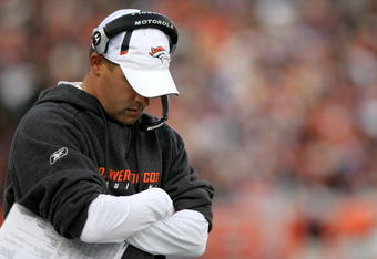 DENVER - NOVEMBER 22:  Head coach Josh McDaniels of the Denver Broncos paces the sideline as he leads his team against the San Diego Chargers during NFL action at Invesco Field at Mile High on November 22, 2009 in Denver, Colorado.  (Photo by Doug Pensinger/Getty Images)