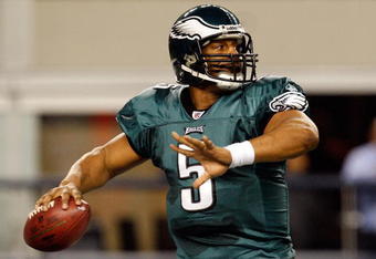 ARLINGTON, TX - JANUARY 03:  Quarterback Donovan McNabb #5 of the Philadelphia Eagles throws against the Dallas Cowboys at Cowboys Stadium on January 3, 2010 in Arlington, Texas.  (Photo by Ronald Martinez/Getty Images)