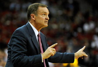 LAS VEGAS - NOVEMBER 28:  Head coach Lon Kruger of the UNLV Rebels signals to his players as they take on the Louisville Cardinals at the Thomas & Mack Center November 28, 2009 in Las Vegas, Nevada. The Rebels defeated the Cardinals 76-71.  (Photo by Ethan Miller/Getty Images)