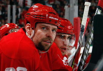 DETROIT - NOVEMBER 3:  Tomas Holmstrom #96 of the Detroit Red Wings looks on during the game against the Boston Bruins on November 3, 2009 at Joe Louis Arena in Detroit, Michigan. (Photo by Gregory Shamus/Getty Images)