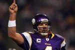 MINNEAPOLIS - JANUARY 03:  Brett Favre #4 of the Minnesota Vikings celebrates a touchdown in the second quarter against the New York Giants on January 3, 2010 at Hubert H. Humphrey Metrodome in Minneapolis, Minnesota.  (Photo by Elsa/Getty Images)
