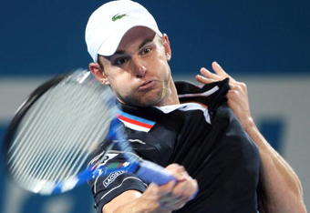 BRISBANE, AUSTRALIA - JANUARY 08:  Andy Roddick of the USA plays a forehand in his quarter-final match against Richard Gasquet of France during day six of the Brisbane International 2010 at Queensland Tennis Centre on January 8, 2010 in Brisbane, Australia.  (Photo by Mark Kolbe/Getty Images)