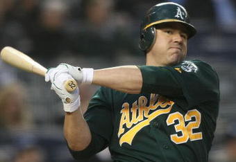 NEW YORK - APRIL 21: Jack Cust #32 of the Oakland Athletics at bat against the New York Yankees on April 21, 2009 at Yankee Stadium in the Bronx borough of New York City.  (Photo by Nick Laham/Getty Images)