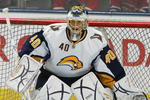 TORONTO, ON - DECEMBER 21:  Patrick Lalime #40 of the Buffalo Sabres gets set to face a shot in the warm-up prior to a game against the Toronto Maple Leafs on December 21, 2009 at the Air Canada Centre in Toronto, Ontario. The Sabres defeated the Leafs 3-2 in overtime. (Photo by Claus Andersen/Getty Images)