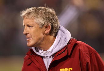 SAN FRANCISCO - DECEMBER 26: Head coach Pete Carroll of the USC Trojans celebrates against the Boston College Eagles during the 2009 Emerald Bowl at AT&T Park on December 26, 2009 in San Francisco, California. (Photo by Jed Jacobsohn/Getty Images)