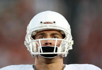 PASADENA, CA - JANUARY 07:  Quarterback Colt McCoy #12 of the Texas Longhorns looks on before taking on the Alabama Crimson Tide in the Citi BCS National Championship game at the Rose Bowl on January 7, 2010 in Pasadena, California.  (Photo by Jeff Gross/Getty Images)