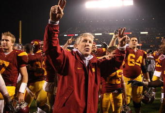 SAN FRANCISCO - DECEMBER 26: Head coach Pete Carroll of the USC Trojans celebrates after defeating the Boston College Eagles during the 2009 Emerald Bowl at AT&T Park on December 26, 2009 in San Francisco, California. (Photo by Jed Jacobsohn/Getty Images)
