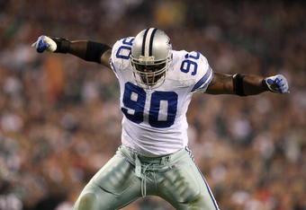 PHILADELPHIA - NOVEMBER 08:  Jay Ratliff #90 of the Dallas Cowboys reacts after he sacked Donovan McNabb #5 of the Philadelphia Eagles at Lincoln Financial Field on November 8, 2009 in Philadelphia, Pennsylvania. The Cowboys won 20-16. (Photo by Al Bello/Getty Images)