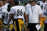 LATROBE, PA - AUGUST 8: Bruce Arians, offensive Coordinator of the Pittsburgh Steelers, talks with Hines Ward #86 during training camp at St. Vincent College on August 8, 2007 in Latrobe, Pennsylvania.  (Photo By Gregory Shamus/Getty Images)  
