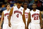 KANSAS CITY, MO - NOVEMBER 19:  Maryland Terrapins players (L-R) Eric Hayes #5, Braxton Dupree #4, Dino Gregory #33, and Adrian Bowie #22 walk off the court during a timeout in the O'Reilly Auto Parts CBE Classic semifinal game against the UCLA Bruins on November 19, 2007 at the Sprint Center in Kansas City, Missouri.  (Photo by Jamie Squire/Getty Images)