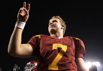 SAN FRANCISCO - DECEMBER 26: Matt Barkley #7 of the USC Trojans celebrates after defeating the Boston College Eagles during the 2009 Emerald Bowl at AT&T Park on December 26, 2009 in San Francisco, California. (Photo by Jed Jacobsohn/Getty Images)