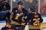 BUFFALO, NY - JANUARY 08: Tyler Myers #57 and Thomas Vanek #26 of the Buffalo Sabres celebrate Myers' second goal of the game against the Toronto Maple Leafs at HSBC Arena  on January 8, 2010 in Buffalo, New York.  (Photo by Rick Stewart/Getty Images)
