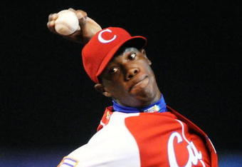 MEXICO CITY - MARCH 10:  Aroldis Chapman #52 of Cuba pitches against Australia during the first inning of the game during the 2009 World Baseball Classic Pool B match on March 10, 2009 at the Estadio Foro Sol in Mexico City, Mexico.   (Photo by Kevork Djansezian/Getty Images)