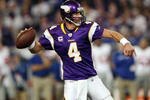 MINNEAPOLIS - JANUARY 03:  Brett Favre #4 of the Minnesota Vikings drops back to pass in second quarter against the New York Giants on January 3, 2010 at Hubert H. Humphrey Metrodome in Minneapolis, Minnesota.  (Photo by Elsa/Getty Images)
