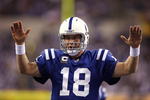 INDIANAPOLIS, IN - DECEMBER 27: Peyton Manning #18 of the Indianapolis Colts looks on against the New York Jets at Lucas Oil Stadium on December 27, 2009 in Indianapolis, Indiana. The Jets handed the Colts their first loss of the season, 29-15. (Photo by Joe Robbins/Getty Images)