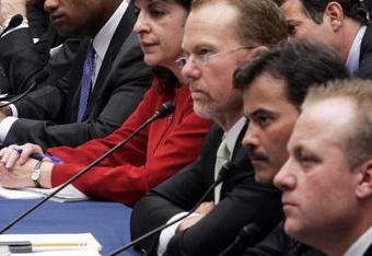 WASHINGTON - MARCH 17: Former Oakland Athletics and Texas Rangers player Jose Canseco (top) listens to testimony March 17, 2005 for a House Committee session that is investigating Major League Baseball efforts to eradicate steroid use in Washington, DC. (L-R) Baltimore Orioles Sammy Sosa, Sosa's translator Patricia Rosell, former St. Louis Cardinals Mark McGwire, Baltimore Orioles Rafael Palmeiro, and Boston Red Sox pitcher Curt Schilling listen as well. Major League Baseball (MLB) Commissioner Allan 'Bud' Selig will give testimony regarding MLB?s efforts to eradicate steriod usage among its players.  (Photo by Win McNamee/Getty Images)