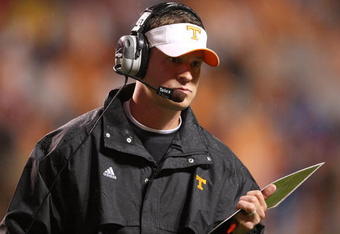 KNOXVILLE, TN - OCTOBER 31:  Head coach Lane Kiffen of the Tennessee Volunteers watches against the South Carolina Gamecocks at Neyland Stadium on October 31, 2009 in Knoxville, Tennessee.  (Photo by Streeter Lecka/Getty Images)