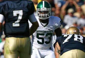 SOUTH BEND, IN - SEPTEMBER 19: Greg Jones #53 of the Michigan State Spartans awaits the start of play against the Notre Dame Fighting Irish on September 19, 2009 at Notre Dame Stadium in South Bend, Indiana. Notre Dame defeated Michigan State 33-30.  (Photo by Jonathan Daniel/Getty Images)