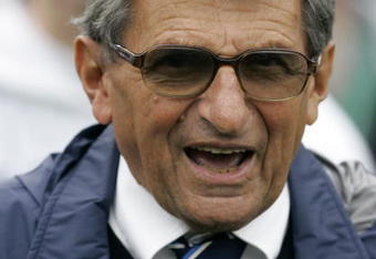 STATE COLLEGE, PA - SEPTEMBER 12: Head coach Joe Paterno of the Penn State Nittany Lions walks on the sideline before the start of their game against the Syracuse Orangemen   at Beaver Stadium  September 12, 2009 in State College, Pennsylvania.  (Photo by Chris Gardner/Getty Images)