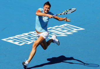 MELBOURNE, AUSTRALIA - JANUARY 15:  Dinara Safina of Russia hits a forehand during a practice session ahead of the 2010 Australian Open at Melbourne Park on January 15, 2010 in Melbourne, Australia.  (Photo by Mark Dadswell/Getty Images)