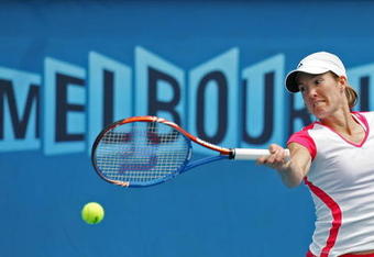 MELBOURNE, AUSTRALIA - JANUARY 13:  Justine Henin of Belgium plays a forehand during a practice session ahead of the 2010 Australian Open at Melbourne Park on January 13, 2010 in Melbourne, Australia.  (Photo by Scott Barbour/Getty Images)