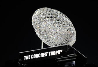 PASADENA, CA - JANUARY 07:  The BCS National Championship trophy which was won by the Alabama Crimson Tide after winning the Citi BCS National Championship game over the Texas Longhorns at the Rose Bowl on January 7, 2010 in Pasadena, California. The Crimson Tide defeated the Longhorns 37-21.  (Photo by Kevork Djansezian/Getty Images)