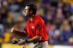 BATON ROUGE, LA - NOVEMBER 14:  Head coach Derek Dooley of the Louisiana Tech Bulldogs reacts after a call during the game against the LSU Tigers at Tiger Stadium on November 14, 2009 in Baton Rouge, Louisiana.  The Tigers defeated the Bulldogs 24-16.  (Photo by Chris Graythen/Getty Images)