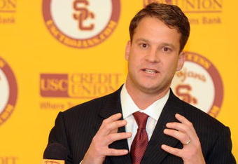LOS ANGELES, CA - JANUARY 13:  New head coach of the USC Trojans Lane Kiffin speaks to the media during a press conference at Heritage Hall January 13, 2010 in Los Angeles, California.  (Photo by Harry How/Getty Images)