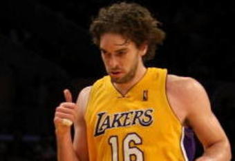 LOS ANGELES, CA - JANUARY 15:  Pau Gasol #16 of the Los Angeles Lakers runs off the court during the game against the Los Angeles Clippers on January 15, 2010 at Staples Center in Los Angeles, California. The Lakers won 126-86. NOTE TO USER: User expressly acknowledges and agrees that, by downloading and/or using this Photograph, user is consenting to the terms and conditions of the Getty Images License Agreement.  (Photo by Stephen Dunn/Getty Images)