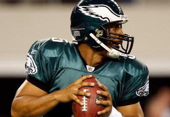 ARLINGTON, TX - JANUARY 09:  Quarterback Donovan McNabb #5 of the Philadelphia Eagles during the 2010 NFC wild-card playoff game at Cowboys Stadium on January 9, 2010 in Arlington, Texas.  (Photo by Ronald Martinez/Getty Images)