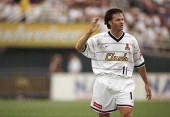 18 May 1997: Eric Wynalda of the San Jose Clash walks on the field during a game against the Los Angeles Galaxy at the Rose Bowl in Pasadena, California. The Galaxy won the game 2-1 in overtime.