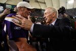 MINNEAPOLIS - JANUARY 17:  Jerry Jones, Owner and General Manager of the Dallas Cowboys, congratulates quarterback Brett Favre #4 of the Minnesota Vikings on their 34-3 victory during the NFC Divisional Playoff Game at Hubert H. Humphrey Metrodome on January 17, 2010 in Minneapolis, Minnesota.  (Photo by Elsa/Getty Images)