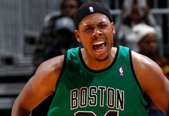 ATLANTA - JANUARY 08:  Paul Pierce #34 of the Boston Celtics against the Atlanta Hawks at Philips Arena on January 8, 2010 in Atlanta, Georgia.  NOTE TO USER: User expressly acknowledges and agrees that, by downloading and/or using this Photograph, User is consenting to the terms and conditions of the Getty Images License Agreement.  (Photo by Kevin C. Cox/Getty Images)