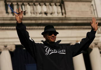 NEW YORK - NOVEMBER 6:  Third Baseman Alex Rodriguez of the New York Yankees gestures to the crowd with the key to the city in his hand during the Yankees World Series victory celebration on the steps of City Hall November 6, 2009 in New York City.  (Photo by Michael Appleton-Pool/Getty Images)