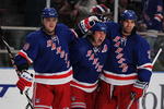 NEW YORK - JANUARY 17:  Marian Gaborik #10, Vinny Prospal #20, and Michal Rozsival #33 of the New York Rangers celebrate a goal by Brandon Dubinsky against  the Montreal Canadiens during their game on January 17, 2010 at Madison Square Garden in New York City, New York.  (Photo by Al Bello/Getty Images)