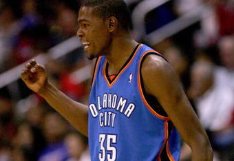 LOS ANGELES, CA - NOVEMBER 11:  Kevin Durant #35 of  the Oklahoma City Thunder celebrates during the game against the Los Angeles Clippers on November 11, 2009 at Staples Center in Los Angeles, California.   The Thunder won 83-79.   NOTE TO USER: User expressly acknowledges and agrees that, by downloading and/or using this Photograph, user is consenting to the terms and conditions of the Getty Images License Agreement.  (Photo by Stephen Dunn/Getty Images)