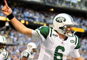 SAN DIEGO - JANUARY 17:  Quarterback Mark Sanchez #6 of the New York Jets celebrates after passing a touchdown in the fourth quarter against the San Diego Chargers during the AFC Divisional Playoff Game at Qualcomm Stadium on January 17, 2010 in San Diego, California.  (Photo by Robert Laberge/Getty Images)