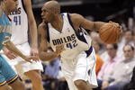 DALLAS - APRIL 25: Jerry Stackhouse #42 of the Dallas Mavericks drives against Jannero Pargo #2 of the New Orleans Hornets in Game Three of the Western Conference Quarterfinals during the 2008 NBA Playoffs at the American Airlines Center on April 25, 2008 in Dallas, Texas.  (Photo by Layne Murdoch/Getty Images)
