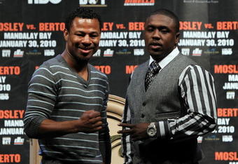 LAS VEGAS - NOVEMBER 14:  (L-R) Shane Mosely and Andre Berto pose after their news conference at the Mandalay Bay Hotel & Casino on November 14, 2009 in Las Vegas, Nevada. Mosley and Berto announced today they will meet in the ring on January 30, 2010 at the Mandalay Bay Events Center.  (Photo by Al Bello/Getty Images)