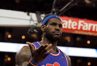 OAKLAND, CA - JANUARY 11:  LeBron James #23 of the Cleveland Cavaliers reacts to a call during their game against the Golden State Warriors at Oracle Arena on January 11, 2010 in Oakland, California.  NOTE TO USER: User expressly acknowledges and agrees that, by downloading and/or using this Photograph, user is consenting to the terms and conditions of the Getty Images License Agreement.  (Photo by Ezra Shaw/Getty Images)