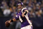 MINNEAPOLIS - JANUARY 17:  Quarterback Brett Favre #4 of the Minnesota Vikings throws a pass against the Dallas Cowboys during the fourth quarter of the NFC Divisional Playoff Game at Hubert H. Humphrey Metrodome on January 17, 2010 in Minneapolis, Minnesota.  The Vikings defeated the Cowboys 34-3.  (Photo by Chris McGrath/Getty Images)
